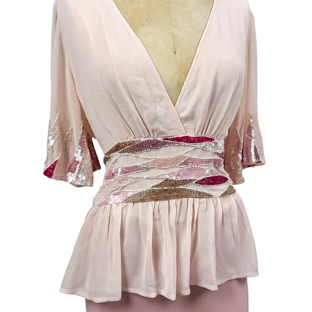 Y2K Glam Sequin Beaded Peplum Blouse V-Neck Flutter Sleeve Top Pink Coquette L - Picture 4 of 9